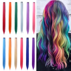 Pack of 24 Coloured Hair Extensions Clip In Hairpieces Rainbow Extensions Colourful Hair Strands for Clips for Women Girls Children