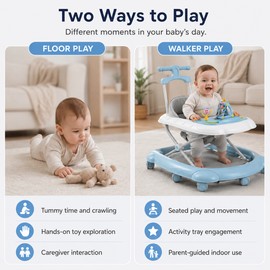 Baby Walker with Wheels and Parent Push Handle, Music and Lights, Removable Feeding Tray, Foldable 3-Height Design, 6–18 Months