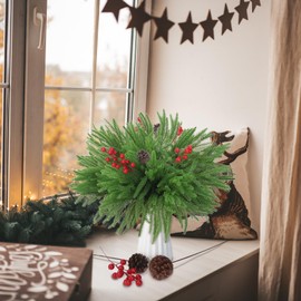 12 Pcs Artificial Pine Branches Christmas Greenery Stems, 18 in Norfolk Pine Stems Christmas Tree Branches for Vase DIY Crafts Garland Wreath Xmas Indoor Outdoor Home Office Party Decor