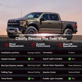 Marretoo for Ford F150 Right Passenger Side Door Mirror replacement for 2021-2025 F-150 Accessories 13Pins Power Glass Turn & Puddle Lamp Temperature Sensor Heated Blind Spot Monitoring ML3Z17682SA RH