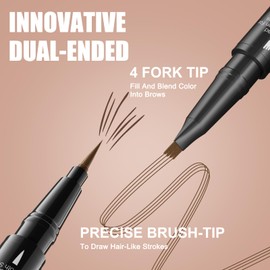 Microblading Eyebrow Pen, Eyebrow Pencil 2-in-1 Dual-Ended for Women with 4-Fork Strokes & Precision Brush Tip, Create Natural Hair-Like Brows, Waterproof & Smudge-Proof and Last All-Day (Dark Brown)
