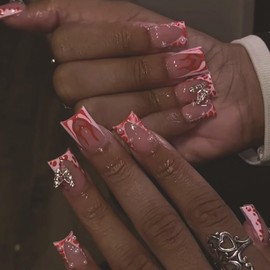 24 Pcs Square Press on Nails Short Medium Fake Nails with 3D Butterfly Pearl Designs Pink Full Cover Nails Tips Red Flame False Nails French Tip Nails Press on Acrylic Glue on Nails for Women Girls