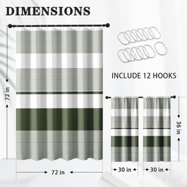 Striped Modern Boho Waffle Textured Cloth Shower Curtain Set, Sage Green White Horizontal Stripe Bathroom Window Waterproof Shower Curtains for Bathroom Decor