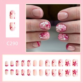 Flower Press on Nails Short Square Fake Nails Early Spring Pink and White Floral Designs Glue on Nails Acrylic Nail Kit with Nail Art Tools, 24Pcs Glossy Stick on Nails for Women Girls