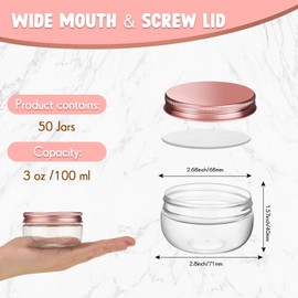 Suclain 50 Pcs 3 oz Mini Wide Mouth Plastic Mason Jars with Aluminum Lids Clear Small Canning Jars for Jelly, Jams, Spice, Wedding Favors, Shower Favors for Kitchen Storage(Rose Gold)