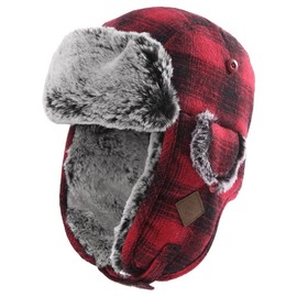 Fancet Unisex Stylish Wool Plaid Trapper Hat Faux Fur Earflap Hunting Russian Ushanka Hat Winter Outdoor Ski Snow Hat Warm Thick Lined (Medium, 89079_Red)