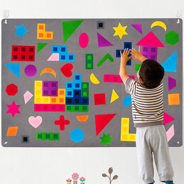 WATINC 64Pcs Preschool Shapes Teaching Felt Board Story Set 3.5 Ft Colorful Montessori Teacher Aide Tangrams Storytelling Flannel Interactive Play Kit Wall Hanging Gift for Toddlers