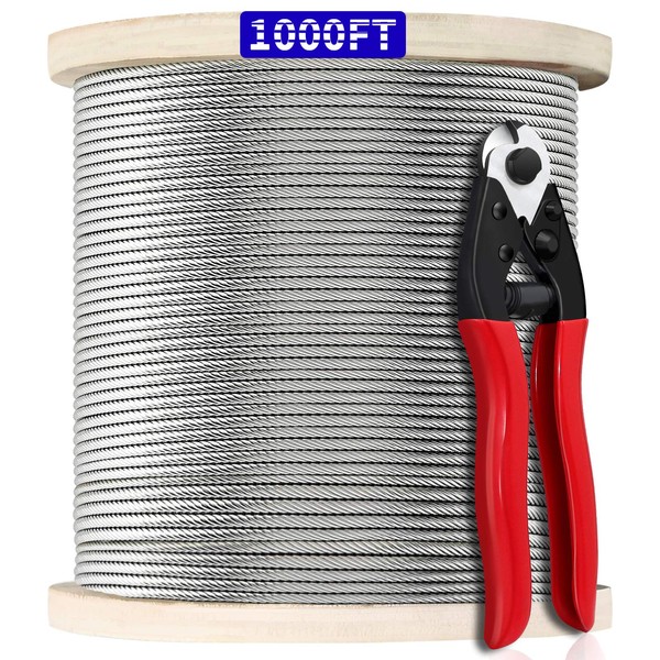 1000FT 1/8" T316 Stainless Steel Cable, Wire Rope Aircraft Cable for Deck Cable Railing Kit, 7 x 7 Strands Construction,DIY Balustrades, Come with a Cutter…