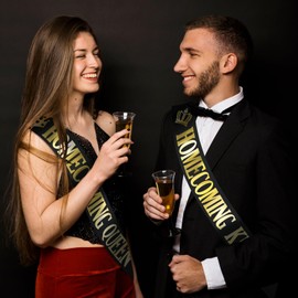 2 Pcs Homecoming King & Queen Sash with Gold Foil, Black Prom Sash for High School Dance Court