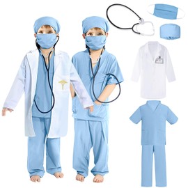 Amtum Kids Doctors Outfit Doctor Costume Kids with Lab Coat，Stethoscope，Scrubs Costume, Mask Doctor Nurse Dress Up Child Role Play Costumes for Boys & Girls 12 Years Blue/170