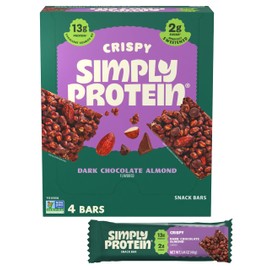 Simply Protein - Dark Chocolate Almond Crispy Bars - Plant Based Protein Bars - Low Carb, Low Sugar, High Fiber - 13g Protein, 2g Sugar, 7g Fiber - Vegan, Gluten Free, Non GMO, Kosher - 4 Bars