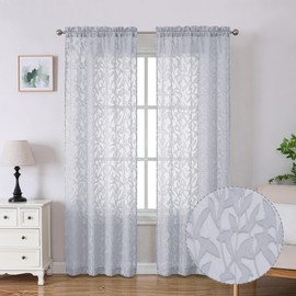 Lecloud Leia Light Grey Sheer Curtains 84 Inches Long 2 Panels, Semi Sheer Jacquard Leaves Textured Double Rod Pockets Window Curtains, Airy Durable Gauzy Drapes for Bedroom, 40 W x 84 L