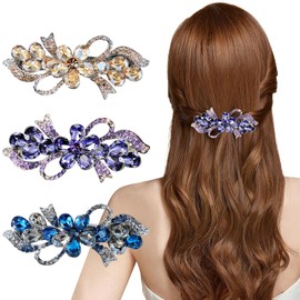 DAVBNM 3 Pcs Barrette Hair Clips, Rhinestone Flower Hair Clips, hHair Barrette for Women and Girls French Style, Crystal Grips for Women Girls Wedding Birthday Prom Gift