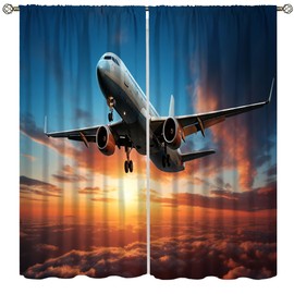 AAVEUP Airplane Blackout Curtains for Kids, Sunset and Sunset Over The Clouds Civilian Manned Aircraft Flight Window Drapes Print for Boys Adolescents Nursery Bedroom Living Room Bathroom 42x45in