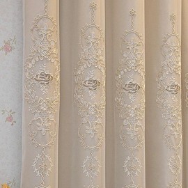 Amidoudou 1 Pair European Double Layer Curtains with Valances for Living Room Bedroom 3D Flower Embroidered Curtains (Beige,54x96 Inch)