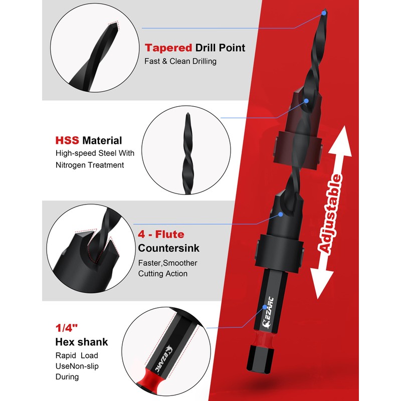 EZARC Countersink Drill Bit Set, 15 PCS Tapered Drill Bits