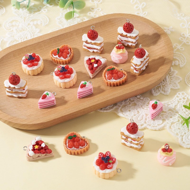 FASHEWELRY 30Pcs Resin Dessert Pendants 3D Imitation Food Charms Strawberry