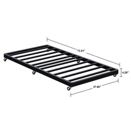 Lutown-Teen Twin Trundle Bed Frame with Metal Slats, Roll-Out Design, Easy Assembly Steel Frame with Lockable Wheels, Noiseless Pull Out Bed for Bedroom, Living Room or Guest Room, Black
