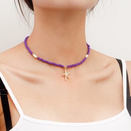 Azusa Sun Boho Beaded Choker Necklace Starfish Cute Summer Pendant Necklace Colorful Beaded Beach Necklace Fashion Jewelry Gift For Women (1 PC, Purple)