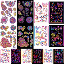 glaryyears 80+ Neon Temporary Tattoos, Glow UV Fake Charming Mandala Floral Butterfly Flowers Dreamcatcher designs, Women Girls Party Favor Supplies Night Pub 7 Sheets