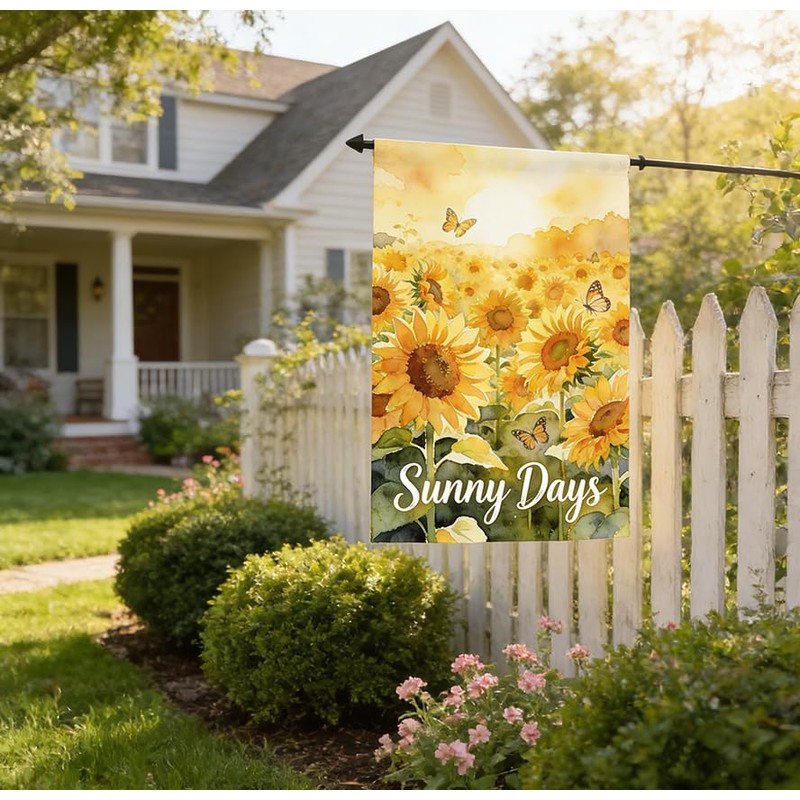 Sunny Days Sunshine Garden Flag, Sunflower Butterfly Summer Theme, Burlap