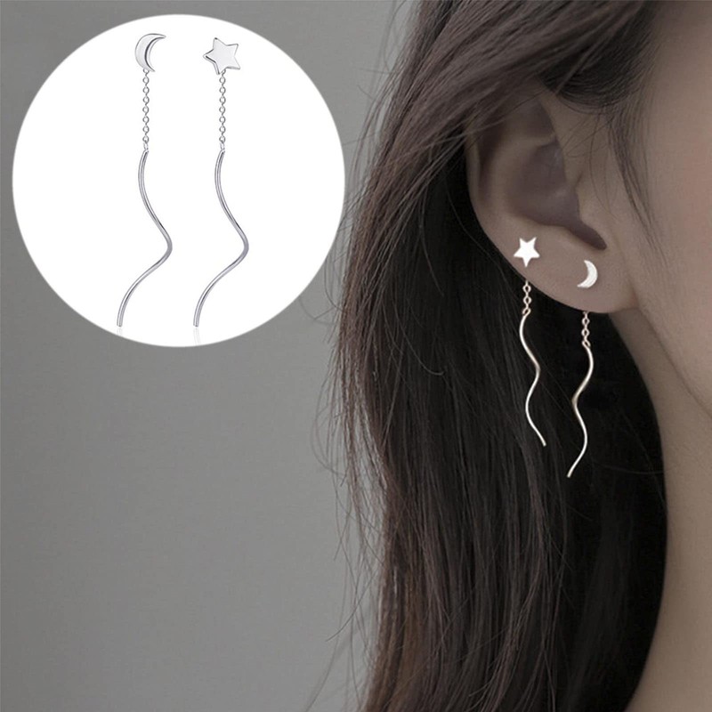 Star Moon Stud Earrings Spiral Dangle Earrings Long Tassel Chain