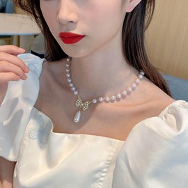Eviarli Boho Pearl Bow Necklace Teardrop Pearl Pendant Necklace Crystal Bow Tie Necklace Pearl Bead Chain Necklace Wedding Pearl Necklace Jewelry for Women and Teen