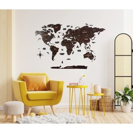 Multilayered 3D Wooden World Map, Travel Map with States and Capitals, Wall Decor For The New House, Gift For Travelers, Office Decor, Birthday Present, Living Room Decoration, Gift for Boys, Educational Activity for Children (M, Dark Brown)