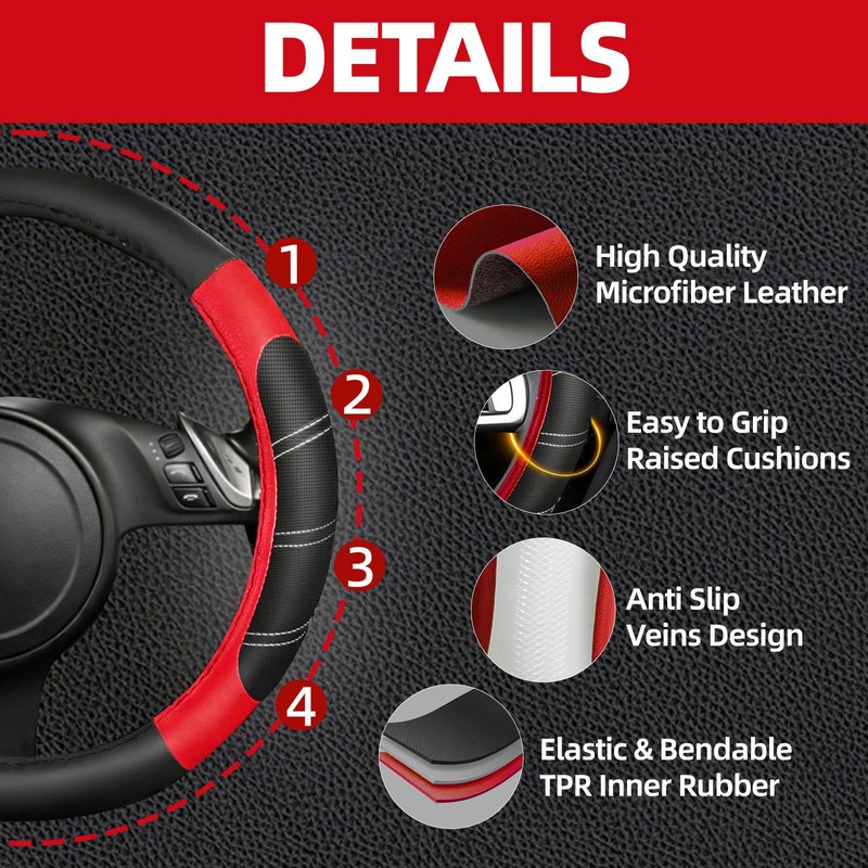 NBTEPEM 6 Pcs Red Car Accessories Set, Sport Leather Steering