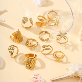 LCSDDWAS Gold Seashell Starfish Rings Set For Women Non Tarnish,Chunky Stackable Rings,Statement Stacking Womens Ring Pack,Summer Beach Surfer Jewelry (starfish ring 160)