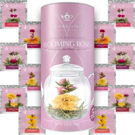 Teabloom - Juego de 12 flores de té florecientes atadas a mano, 36 mechones, 250 tazas, romántico juego de té de rosas para amantes del té, ingredientes seleccionados a mano de primera calidad