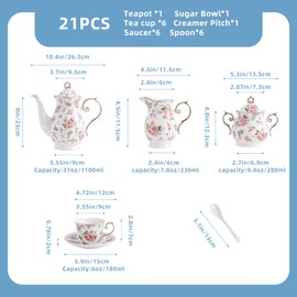Agyiuns Tea Set 21-Piece Porcelain tea cups and saucers set of 6 with Sugar and Creamer Set,Teapot,teapot set for Adults, Women Tea Party (small crushed flower)