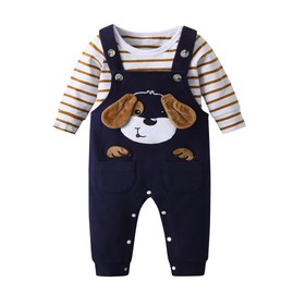 Baby Boy Newborn Outfits Infant Romper Cartoon Overall Adjustable Suspenders Pants Fall Winter Set Brown 0-3 Months