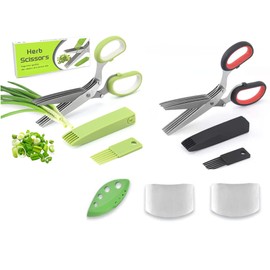 Hitopin 2 x stainless steel kitchen scissors, 5 blades herb scissors, vegetable scissors with cleaning comb, safety cover, herb stripper, 2 pieces kitchen finger guard, for chives, parsley