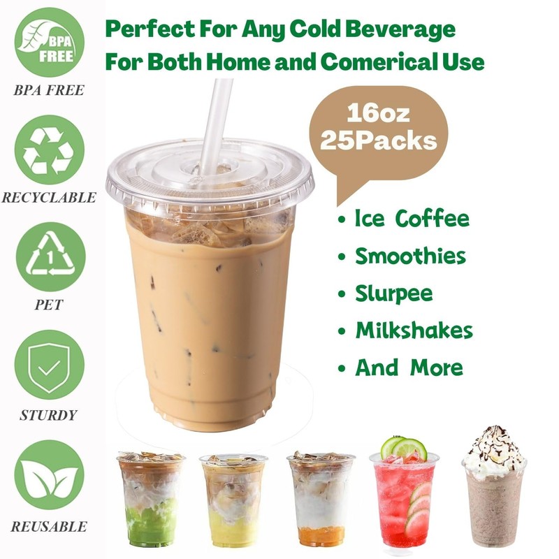 Artsotroly 16 oz Clear Plastic Cups with Lids and Straws,