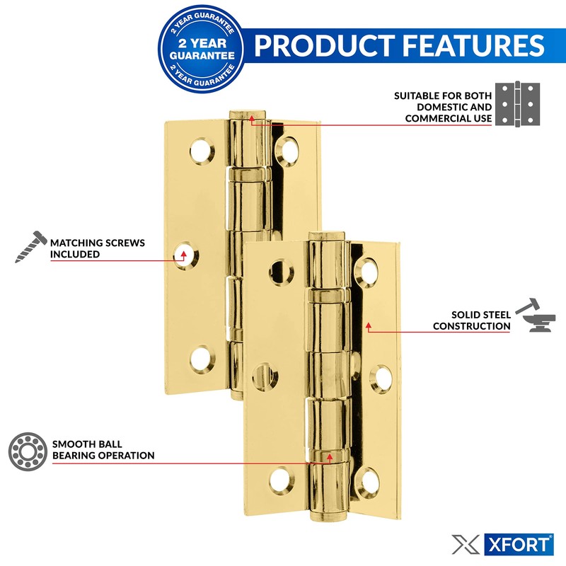 XFORT 3 Inch (75mm) Polished Brass Ball Bearing Hinges, Steel