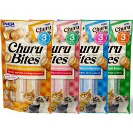 INABA Churu Bites for Cats, Soft Baked Chicken Churu Filled Cat Treats with Green Tea Extract, 0.35 Ounces Each Tube, 12 Tubes Total, 4 Flavor Variety