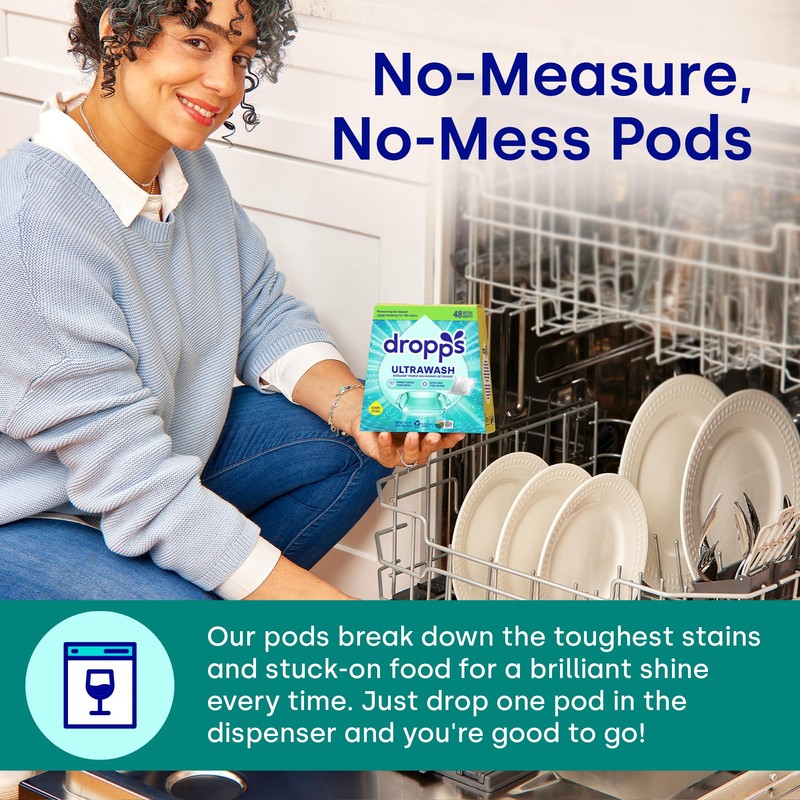 Dropps UltraWash Dishwasher Pods, Fresh Rain (64 Count) - Biobased