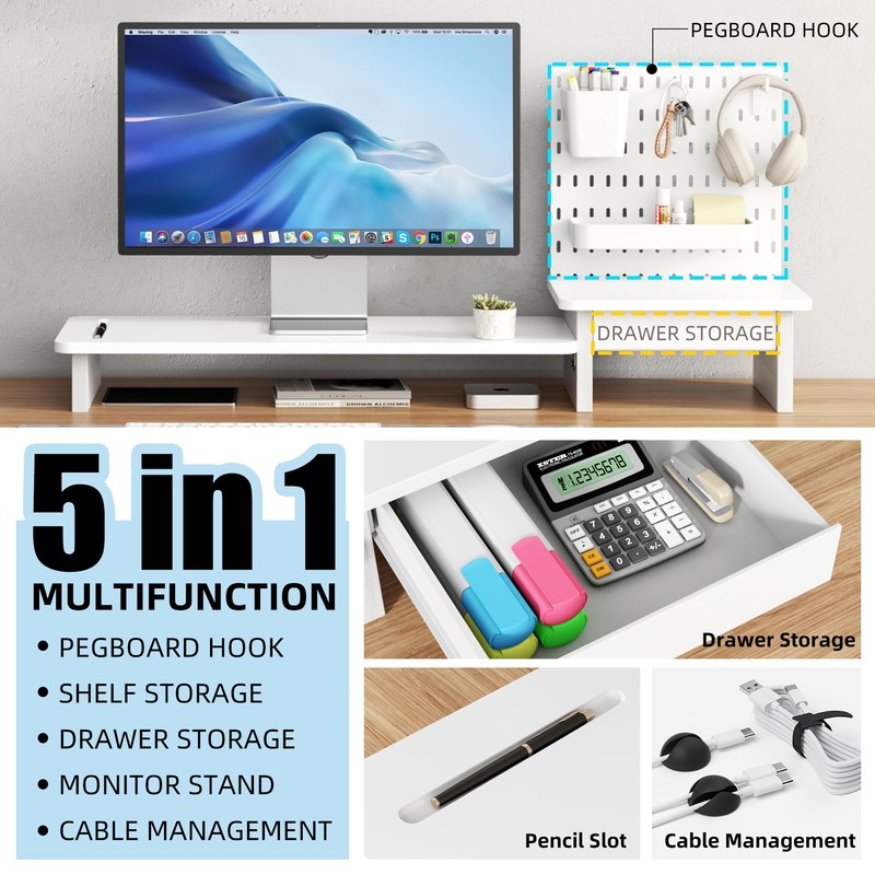 AFOOYO Pegboard Monitor Stand Riser,Computer Monitor Stand with 2 Hooks