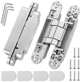 Invisible Door Hinges (2 pcs) -6 Inch Sliver Hidden Hinges for Doors, 3 Way Adjustable & 180 Deg Swing Invisible Hinge, Heavy-Duty Zinc Alloy Concealed Door Hinges 88Lbs Load-Bearing