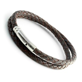 CMJ London Mens Leather Bracelet with Stainless Steel Clasp Genuine 5mm Dark Brown Braided Leather Double Wrap Bracelet