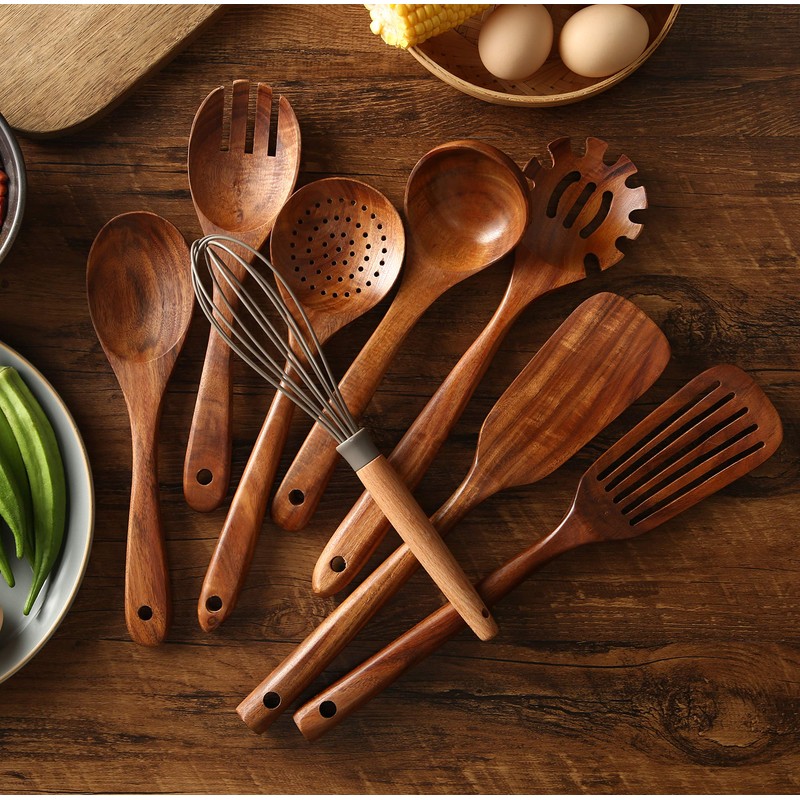NAYAHOSE Wooden Kitchen Utensils Set with Holder, NAYAHOSE 9 Pcs
