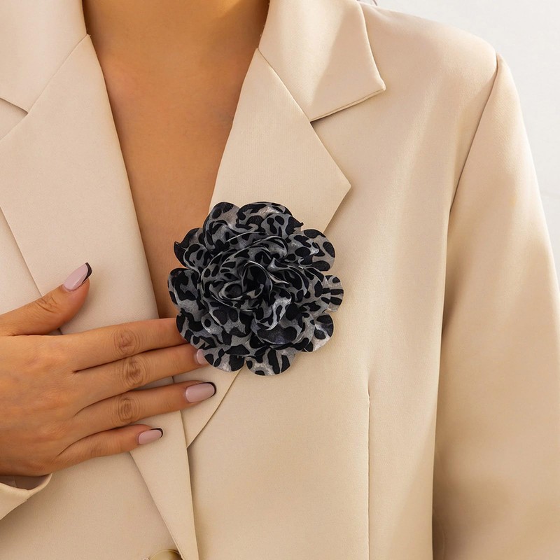HUANGANG Leopard Print Flower Duckbill Clip Brooch Exaggerated Floral Shaped