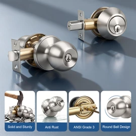 Knobonly Entry Door Knobs and Double Cylinder Deadbolt, Keyed Alike Door Handle Set with Same Keys, Combo Pack for Front Doors-Keyed on Both Side, Satin Nickel Finish, Contractor Pack of 6 Set