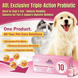 AOL Probiotics for Dogs & Cats - 3 in 1 Formula Supports Healthy Skin & Reduces Shedding + Improves Bad Breath & Body Odor - with Iron, Zinc, Manganese & Vitamin C - Boosts Immunity & Gut Health