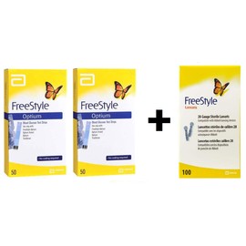 FreeStyle Optium tiras de prueba de glucosa en sangre 2 cajas con 50 tiras + una caja de FreeStyle Lancets con 100 lancetas