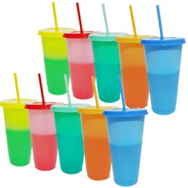 SAHENITEANA 10 PCS Color Changing Plastic Cups with Lids and Straws, 24 oz Reusable Plastic Color Changing Cold Drink Cups for Adult Kids Party Cups (Multicolor, 10 Pack-24oz)