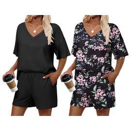 Ekouaer 2 Pack Womens Pajamas Set Summer Printed Pjs Short Sleeve Sleepwear V Neck Pj Shorts Set Loungewear Black/Black Floral L