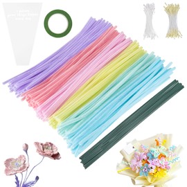 Pfeifenreiniger Blumen Set 200 Stück Pfeifenputzer Zum Basteln Blumen 6 Farben Pfeifenreiniger Zum Basteln mit Blumendraht, Klebeband, BlumenStaubblatt, Blumentasche, Für Blumenstrauß Diy