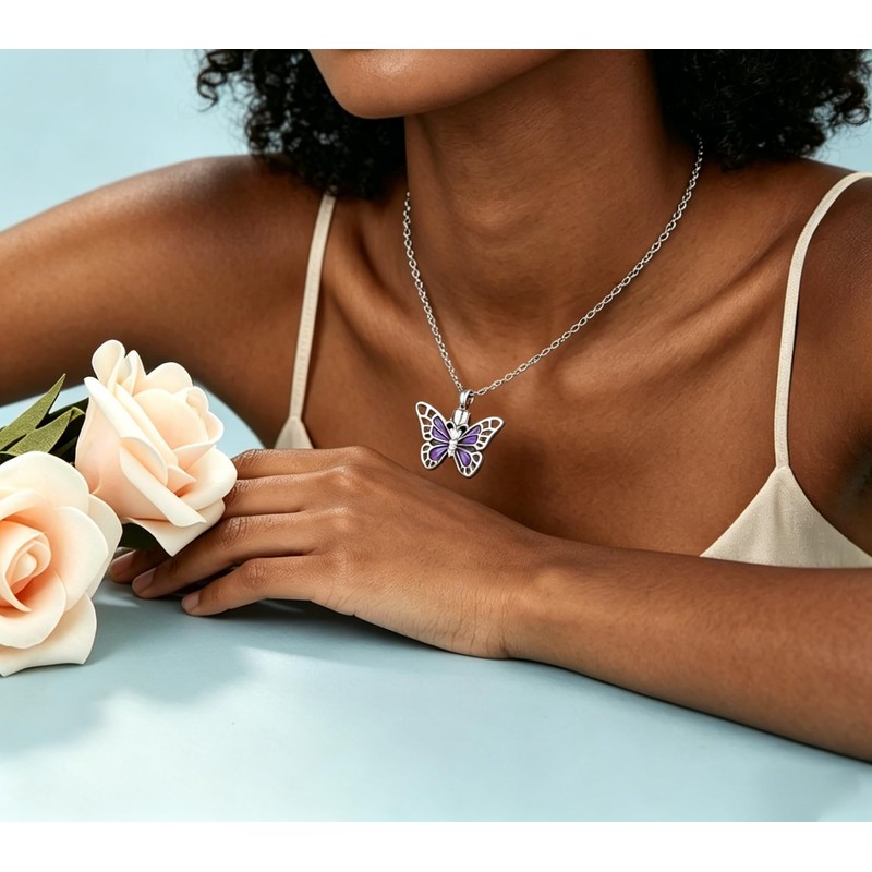NanMuc Purple Butterfly Urn Necklace for Ashes Insect Cremation Keepsake